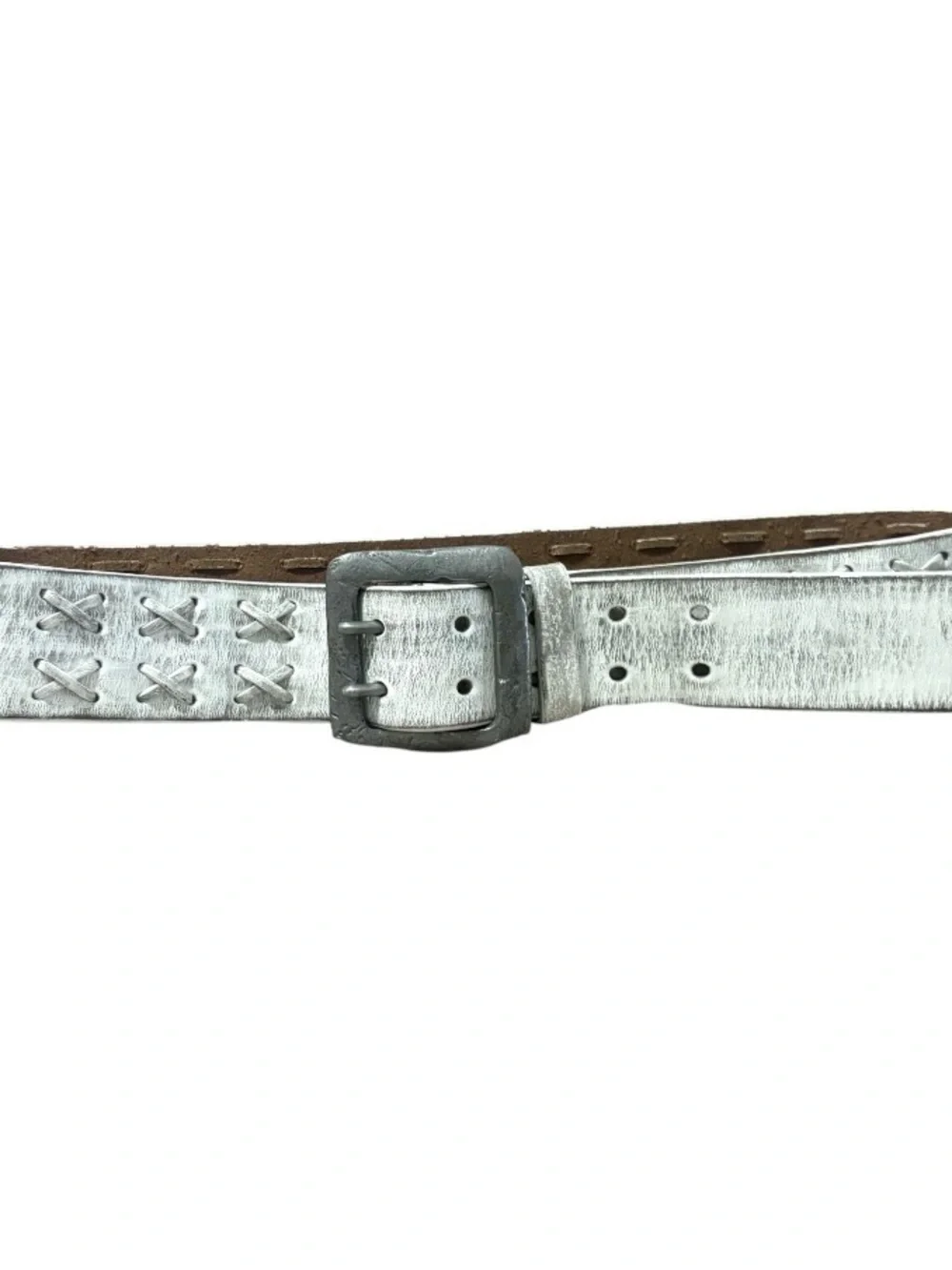 Leather island  White Distressed Leather Belt with Double-Prong Buckle